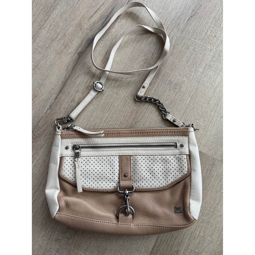 The Sak Two Tone Tan Cream Pebbled Leather Crossbody Bag with Perforated Detail